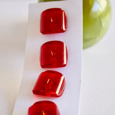 Art Deco Red Glass Beveled Square Buttons - Matching Heavy Translucent Glass Sew Throughs - Set of Four 5/8” 