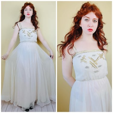 1970s Vintage Jack Bryan Cream Chiffon Maxi Dress / 70s Boho Gold and Silver Beaded Party Gown / Size Small - Medium 