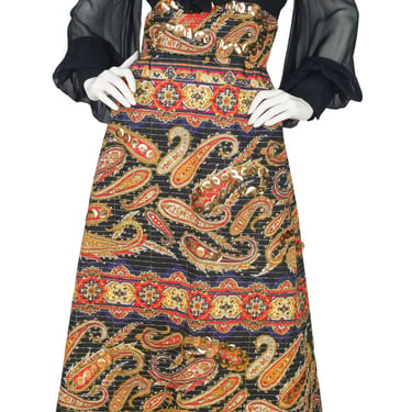 Mollie Parnis 1970s Vintage Black Chiffon & Quilted Paisley Gown Sz M 
