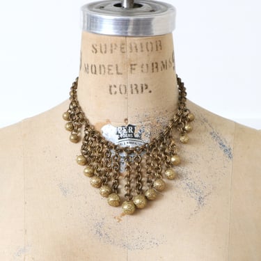 vintage 1940s chain necklace • etched decorative brass fringe bib choker 