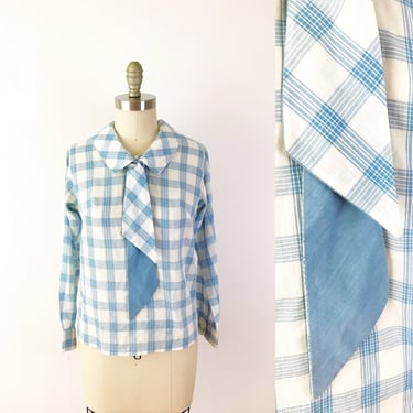 SIZE XS/S 60s Blue Plaid Blouse / 60s Peter Pan Collar Ascot Button Up Top / Vintage Plaid Tie Neck Shirt Cottagecore The Cottager Petite 