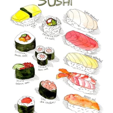 Types of Sushi Watercolor Art Print