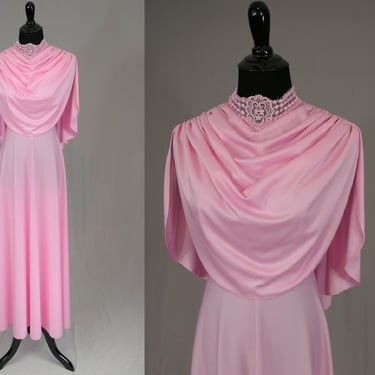 70s Pink Maxi Dress - Formal Gown - Polyester Knit - As Is with flaw - Lace Neck, Drape Detail - Vintage 1970s - S 