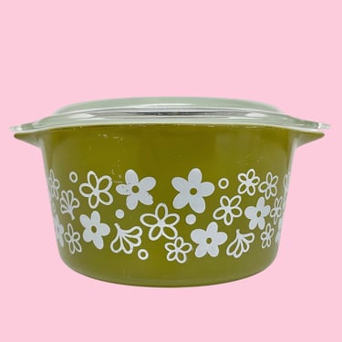 Vintage Pyrex Casserole w/Lid Retro 1970s Mid Century Modern + Spring Blossom + 473 + 1 Quart + Avocado Green/White Flowers + Ceramic 