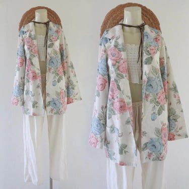 floral flax jacket - m - vintage 90s 1990s womens cute cottage cottagecore summer blazer medium linen 