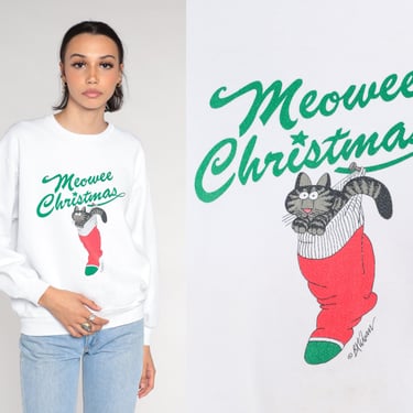 Kliban Cat Christmas Sweatshirt 90s Meowee Christmas Shirt Retro Cartoon Cute Kawaii Kitten Sweater White Vintage 1990s Crazy Shirts Medium 