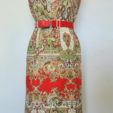 Vintage 1960's Lounge Craft Cotton Paisley Sleeveless Shift Dress 
