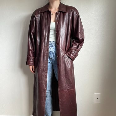 Vintage Womens 80s Siena Oxblood Red Soft Smooth Leather Trench Winter Coat M 