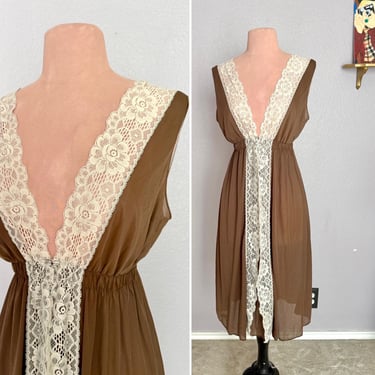 Vintage Slip Dress, Deep-V, Mocha Brown Nylon, Wide Lace Trim, Midi Gown, Nightie, Lingerie 