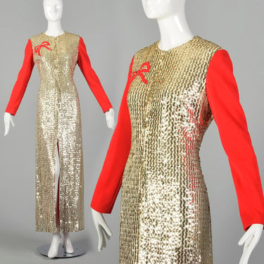 Medium Oscar de la Renta Gold Dress 1970s Sequin Long Maxi Gown Red Long Sleeves Christmas Holiday 