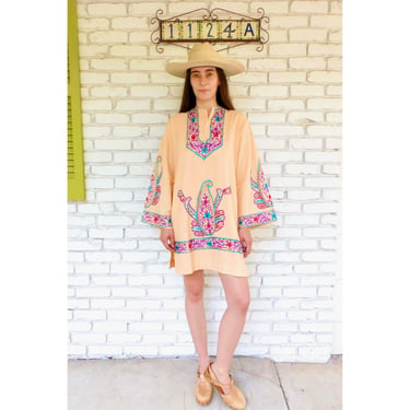 Indian Embroidered Tunic // vintage 70s embroidered peach dress blouse boho hippie hippy 1970s woven cotton mini // O/S 