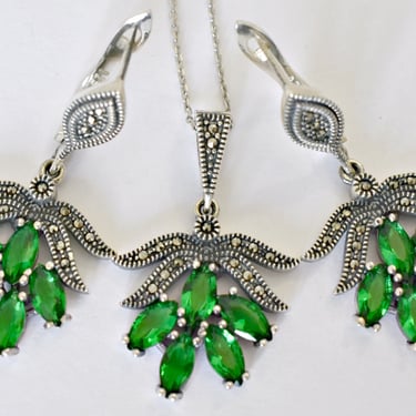 Art Deco 80's sterling green quartz pyrite necklace earrings set, 925 silver marcasite flowers & leaves demi parure 