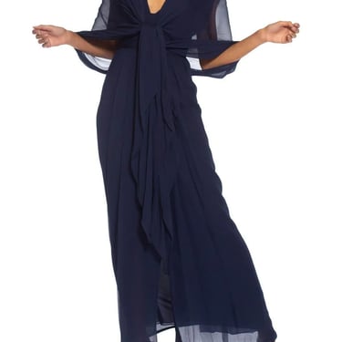 1980S Givenchy Navy Blue Haute Couture Silk Chiffon Low Cut Gown 1989 