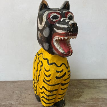 Vintage Wooden Animal Statue, Spotted Black Bear And Tiger, Bear Head Tiger Body, Guatemalan Folk Art, Hand Made, Large Wood Carving 