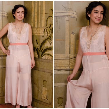 1930s Loungewear - Rare One Piece Vintage 30s Jumpsuit Pajamas in Pale Pink with Lace and Applique 