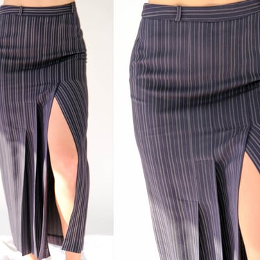 Vintage 90s Romeo Gigli Navy Blue Pinstripe Gabardine Skirt w/ Triple Pleat Slit | Made in Italy | 1990s G Gigli Italian Designer Midi Skirt 