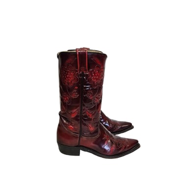 Sears 1970's Ox Blood Red Patent Leather Flower Pattern Western Cowboy Boots I Sz 7.5 