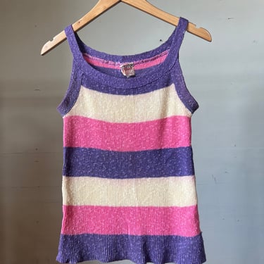 Sm, 1970s Chunky Striped Knit Tank Top, Summer, Cotton Linen, L 