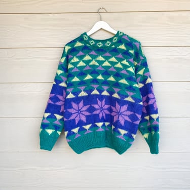 Vintage Retro Mohair Sweater, Gallagher Knitwear Geometric Green and Purple Pullover, Oversized Fluffy Winter Crewneck Sweater Size Large 