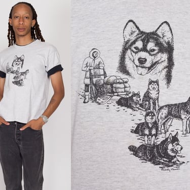 Medium 90s Husky Dog Sled Cuffed T Shirt | Vintage Heather Grey Graphic Tee 