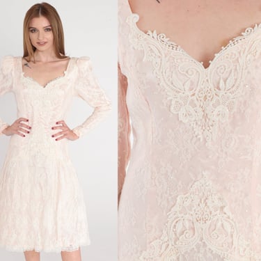 Lace Party Dress 80s Scott McClintock Blush Pink Formal Long Puff Sleeve Sequin Beaded Floral Trim Sweetheart Neckline Vintage 1980s Small 6 