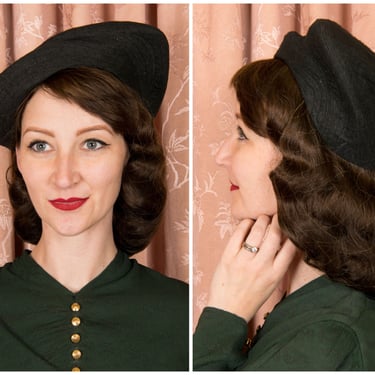 1930s Hat - Sporty Vintage Late 30s Stylized Asymmetric Sample Hat with Top Stitching 