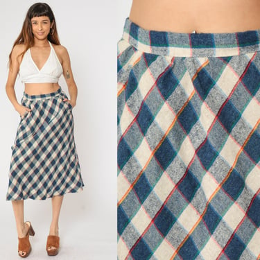 Vintage Checkered Skirt 80s Knee Length Summer Skirt Blue Cream Plaid Print Boho A-Line Hippie High Waisted 1980s Acrylic Medium 29 