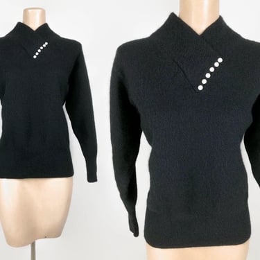 VINTAGE 80s 90s Black Lambswool & Angora Sweater by Liz Baker | 1980s does 1950s High V Neck Sweater 1X Plus Size Volup  | VFG 