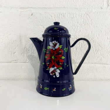 Vintage Navy Blue Enamel Teapot Poland Handle Danish Style Farmhouse Decor Kitchen Hand Painted Flowers 1950s 
