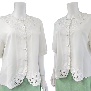 Vintage White Embroidered Blouse, Medium / Fancy Short Sleeve Cocktail Blouse with Embroidered Openwork Detail 