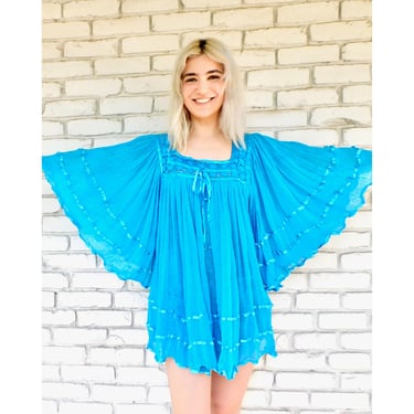 Mexican Gauze Mini Dress Blouse // vintage 70s turquoise tunic boho hippie hippy 1970s 70's cotton angel sleeves // O/S 