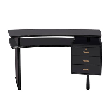 Beautifully Tailored French Desk in Black Lacquer with Brass Pulls 1940s