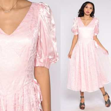 80s Party Dress Baby Pink Puff Sleeve Dress Floral Lace Basque Waist Prom Dress Fit & Flare Full Skirt Vintage 1980s Formal Extra Small XS 