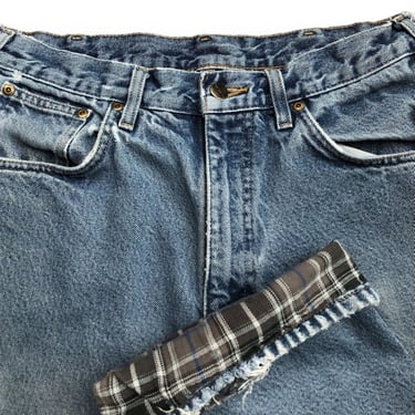 Vintage 90s Carhartt Plaid Lined Distressed Light Wash Denim Work Jeans Size W33 L32 