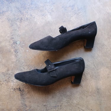 Size 9 Black Suede Mary Jane Heels / Women's Black Pumps / Vintage Leather Shoes 