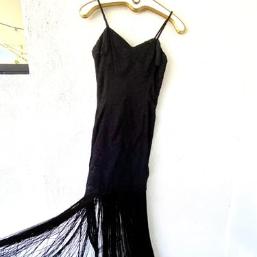 Vintage 80s 90s Black Long Fringe Embroidered Lace Dress with Tassels 