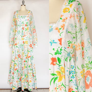 1970s Maxi Gown Floral Cotton Dress S 