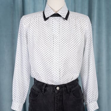 Vintage 80s Laura & Jayne Petite Collection Black and White Polka Dot Blouse with Double Collar Detail 