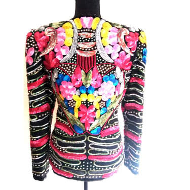 Vintage Embellished sequined HEART ART DECO beaded Tropy jacket abstract colored cocktail party dress bolero size medium  10 waist 28 