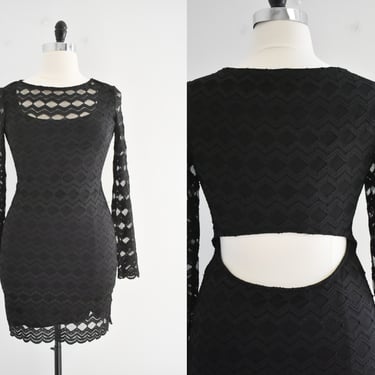 1990s Black Chevron Mesh Mini Dress with Cut Out Back 