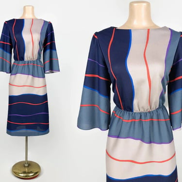 VINTAGE 80s Color Block Striped Dress With Flare Sleeves by Blair  Sz 12 | 1980s Artsy Secretary Dress | VFG 