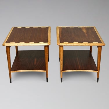 Restored Pair of Lane Acclaim Rectangular Lamp Table Two Tier Side Table End Table with Shelf - Mid Century Modern Danish Style Walnut Table 