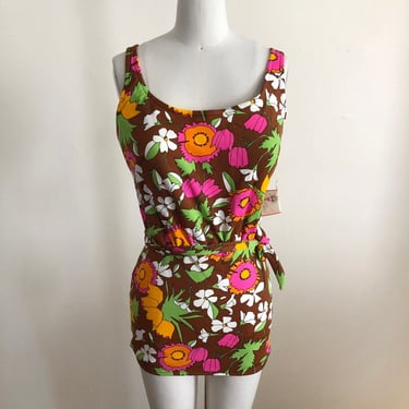 Brown Floral Print Swimsuit - 1970s 