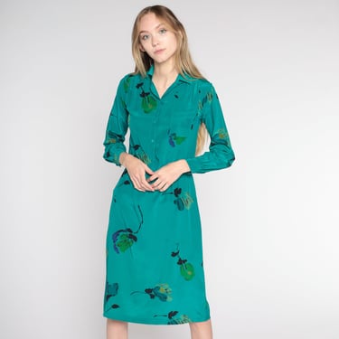 80s Teal Silk Floral Dress Vintage Midi Collared Button up Shirtwaist Green High Waist Retro Long Sleeve Secretary Chic 1980s Small 4 