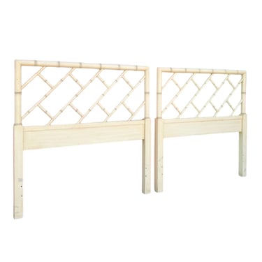 Chinese Chippendale Twin Headboards by Henry Link Bali Hai Set of 2 - Vintage Cream White Faux Bamboo Fretwork Chinoiserie Coastal King Pair 
