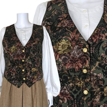 Vintage Floral Vest, Medium / 1990s Women's Victorian Style Button Vest / Burgundy Floral Steampunk Vest / Vintage Fitted Waistcoat 