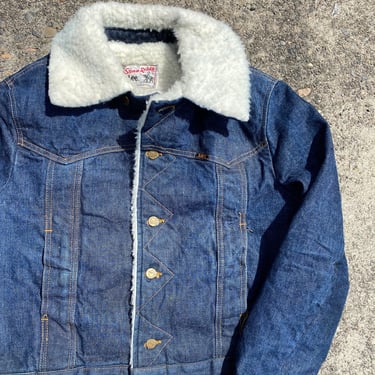 Lee Storm Rider jacket Dark denim Sherpa coat 1970’s era thick tough Sherpa lined vintage workwear trucker style mens size MED 