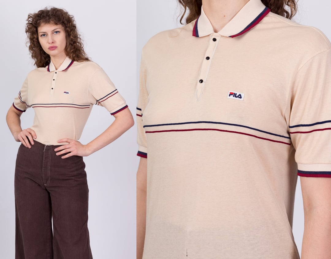 80s Fila Polo Shirt White Striped Collared T-shirt Streetwear