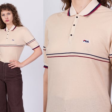 Vintage 80s Fila Polo Shirt - Men's Small, Women's Medium | Retro Tan Collared Striped Henley Top 