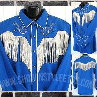 Karman Gold Collection Vintage Western Men's Cowboy and Rodeo Shirt, Royal Blue, White with Fringe & Embroidery, XX-Large (see meas. photo) 